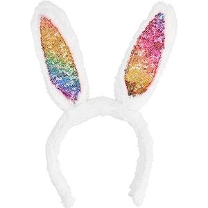 Boland 44719 - Tiara regenboog konijn met glitter en pluche, haarband voor volwassenen, konijnenoren voor op het hoofd, konijnenkostuum