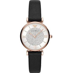 Emporio Armani Zwart Leren Horloge met Twee Wijzers