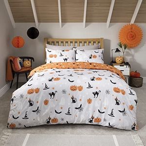 Sleepdown Halloween pompoenen Multi omkeerbare zachte gemakkelijk te onderhouden dekbedovertrek quilt beddengoed set met kussenslopen - kingsize (230 cm x 220 cm)