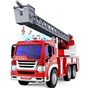 TOYABI Brandweerauto, groot brandweerspeelgoed met ladder, licht en geluid 1:16, brandweercadeau voor kinderen, jongens, brandweerauto vanaf 3, 4, 5, 6, 7, 8 jaar