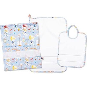 FILET - Driedelige geborduurde kleuterschoolset, bestaande uit slabbetjes met elastiek, handdoek, luiertas en envelop servethouder/slabbetje, Made in Italy, patroon sport wit