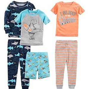 Simple Joys by Carter's 6-delige katoenen pyjamaset voor jongens, Dinosaurus/Haai/Surfer/Streep, 3T