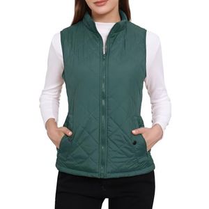 Allegra K Woman Zip Up Front Stand Collar Slant Pockets Quilted Padded Vest Medium Forest Green
