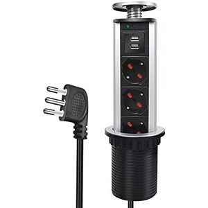 EXTRASTAR Intrekbare bureau-stekkerdoos met 2 USB-stopcontacten, 3 Italiaanse stopcontacten, inschuifbaar tafelstopcontact met bescherming, voor keuken, werkbladen, kantoor