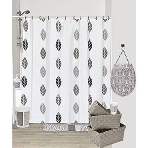 WellHome Set Gatsby bekers, zeepdispenser, prullenmand, Dolomiet, toiletbril versierd, polyester gordijn, 180 x 200, bedrukte microvezel, 45 x 75 cm, 3 gevlochten manden, set Gatsby