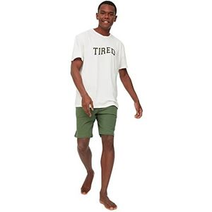 Trendyol Man met slogan geweven T-shirt-korte pyjama set, Kaki, M