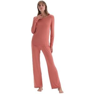 Dagi Gedetailleerde pyjamaset met lange mouwen voor dames, gebreid T-shirt en broek, Terracotta, L