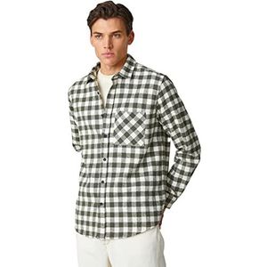 Koton Geruite overhemd voor heren met zak gedetailleerde klassieke hals met lange mouwen, Kaki Kariert (8c7), XL