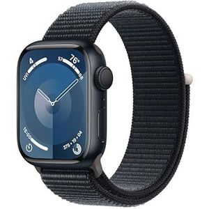 Apple Watch Series 9 (GPS 41 mm) Smartwatch - Kast van middernacht aluminium - Middernacht geweven sportbandje. Conditie bijhouden, Saturatie-app en Ecg-app, Always-on Retina-display, CO₂- neutraal