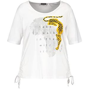 Samoon Dames T-shirt met zijdelingse plooien korte mouwen T-shirt korte mouwen ronde hals T-shirt frontprint, Wit patroon., 52 NL