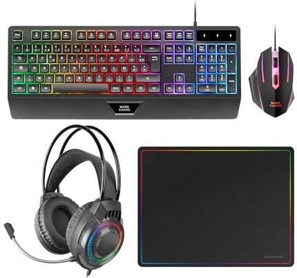 Mars Gaming MCP124PRO, Gaming Combo 4in1, RGB H-Mech Toetsenbord met Polssteun, RGB Muis 3200DPI en HUANO Switches, FRGB Hoofdtelefoon, Nanotextiel Muismat 36x26cm, Multiplatform, Frans, Zwart