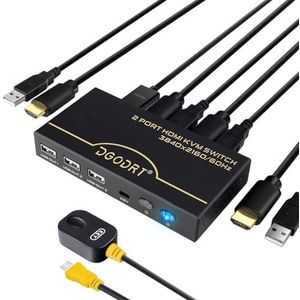 KVM Switch - 4K - HDMI Switcher - 2 PC's - 1 Monitor - Inclusief 2 HDMI-kabels en 2 USB-kabels