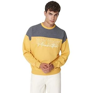 Trendyol Heren ronde hals met slogan oversized sweatshirt, mosterd, XL, Mosterd, XL