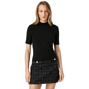 Koton Dames geribbeld tricot korte mouw hoge hals trui sweater, zwart (999), S
