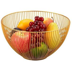 Relaxdays fruitschaal metaal, rond, open design, H x Ø: 14 x 25 cm, voor groente, fruit & brood, moderne fruitmand, goud