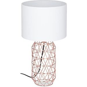 Relaxdays tafellamp gaas, nachtlampje vintage, ronde lampenkap, E27-fitting, metalen voet, HxØ: 45x25 cm, wit/roze-goud