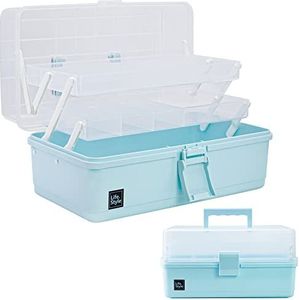 Creahaus 33 cm 3 lagen multifunctionele opbergdoos, ambachtelijke opbergdoos met vakken, kunststof gereedschapskist, medicijnopbergdoos, haaraccessoires organizer, naaidoos met 2 trays (blauw)