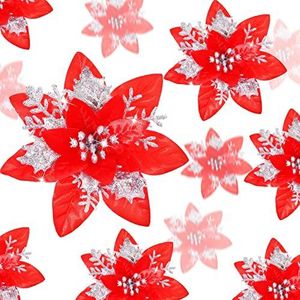 24 Kerst Glitter Kunstkerstster Bloemen Xmas Poinsettia Kunstmatige Bruiloft Bloemen Decoraties Kerstboom Ornamenten met Clips voor Feestgunsten, 15,5 cm, 15,5 cm (Rood en Zilver)