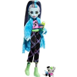 Monster High pop en accessoires voor slaapfeestje, Frankie Stein pop met dierenvriendje Watzie de hond, Griezelfeestje, HKY68