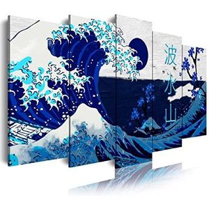 DekoArte 538, moderne kunstdruk op canvas van kunstfoto's, decoratief canvas voor uw woonkamer of slaapkamer, abstracte en moderne kunst, de grote golf van Kanagawa blauw, 5 stuks, 150 x 80 cm