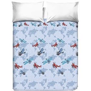 PENSIERI DELICATI Sprei voor tweepersoonsbed, 260 x 280 cm, eenpersoonsdekbedovertrek 100% katoen, ideaal als meubeldeken, dekbed voor 2 eenpersoonsbedden, patroon voor vliegtuigen, 100% Made in Italy