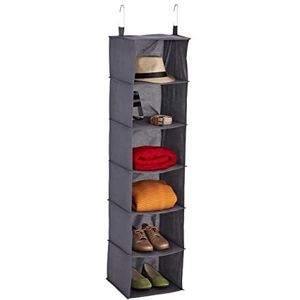 Relaxdays kast organizer hangend, 6 vakken, stof, HBD: 139 x 30 x 30 cm, 2 metalen haken, kledingkast, schoenen, grijs