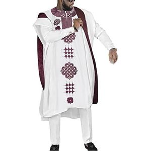 HD Afrikaanse herenkleding Agbada kleding borduurwerk Dashiki shirts en broeken outfits 3 stuks, Wit-73, XL
