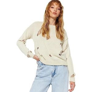 Trendyol Dames opengewerkte lange mouwen reguliere sweater, ecru, M