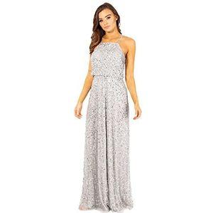 Maya Deluxe Dames Zachte Grijze Halter Neck Verfraaid Maxi Jurk met Drape Over Taille Bruidsmeisje, Grijs, 36