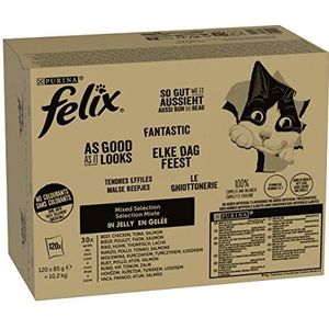 FELIX Zo goed als het eruit ziet kattenvoer nat in gelei, variëteitenmix, verpakking van 120 (120 x 85 g)