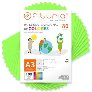 Kleurpapier, verpakking met 100 vellen A3, 80 g, kleurrijk papier voor knutselwerk, printer, scrapbooking, ideaal voor Origami, Papyroflexia, kantoor en school (neongroen, 100 uur)
