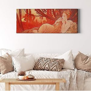 A.S. Création Canvas kunstwerk Vrouw op bed - kunstdruk oranje - 100x40 cm liggend - moderne wanddecoratie slaapkamer woonkamer keuken - foto op spieraam