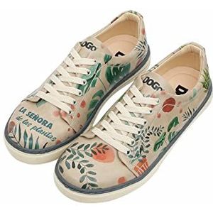 DOGO Femme Cuir Vegan Beige Baskets - Chaussures de Marche Confortables et Décontractées Faites à la Main, Plant Lady Motif