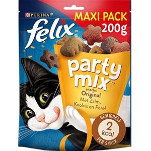 Felix Party Mix Original Kattensnacks met Kip-, Lever- en Kalkoensmaak, doos van 5 (5 x 200g)