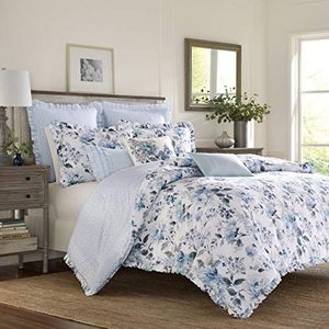 Laura Ashley Home - Queensize dekbedovertrekset, omkeerbaar katoenen beddengoed met bijpassende shams, lichtgewicht woondecoratie voor alle seizoenen (Chloe Blue, Queen)