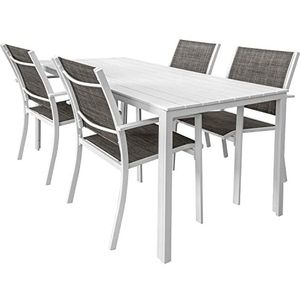 Gardenia Paros 4 witte set tafel en 4 stoelen tuinstoel van metaal en textiel met harsplaat in houtlook
