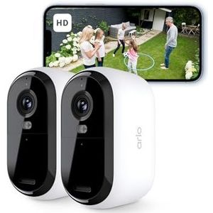 Arlo Essential 2 HD Draadloze Wi-Fi Beveiligingscamera voor Buiten, 1080p Video, Kleurennachtzicht, Licht, Bewegingsmelder, Sirene, 2-Weg Audio, Smart Home + Arlo Secure Plan Proefperiode, Set van 2