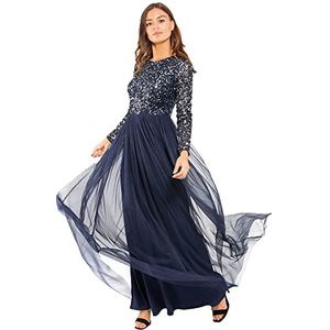 Maya Deluxe Maxi-jurken voor dames voor bruiloftsgast, lange mouwen, ronde hals, empire-taille, groot en lang, marineblauw bruidsmeisje, marineblauw, 36/Tall