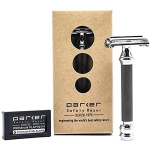 Parker Safety Razor 76R vlinder openen Double Edge scheerapparaat - Superzwaar gewicht - 5 Parker Premium Blades inbegrepen. Zwart