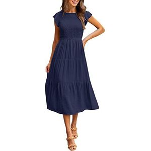 MEROKEETY Women's Summer Smocked Midi Dress Flutter Sleeve Elastic Waist Tiered Midi Long Dress,Navy,S
