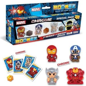Cicaboom Marvel Boomez Chrome, Marvel Superhelden, verchroomde personages van Iron Man Thor Captain America en Hulkbuster, kinderspel aan de krantenkiosk, Marvel figuren met dobbelstenen en