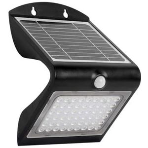 Glowster Led-zonnelamp voor buiten, met bewegings- en schemersensor, IP65, 4 W en kleurtemperatuur 4000 K + 3000 K, openingshoek 120 graden, zwart, ideaal voor buiten.