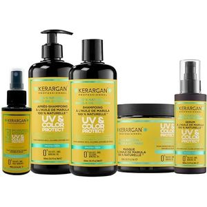 Kerargan - UV-beschermend Verzorgingspakket met Marula-olie voor Droog en Gekleurd Haar – Shampoo, Conditioner, Masker, Serum en 17-in-1 – Zonder Sulfaten, GGO’s, Minerale Olie – 3x500 ml + 2x100 ml