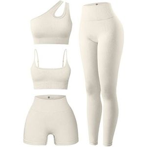 OQQ Yoga-rompertjes voor dames, geribbeld eendelig buikcontrole, jumpsuit, één schouder, romper, Beige1, L