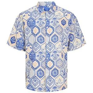 JACK & JONES Jornoto Linen AOP Shirt Ss Ln met korte mouwen voor heren, blauw, S