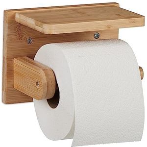 Relaxdays wc rolhouder met plankje - bamboe toiletrolhouder muur - closetrolhouder hout