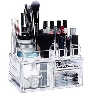 Relaxdays make up organizer met 3 lades, opbergboxje voor poeder, nagellak, lippenstip, etc., acryl, transparant