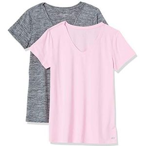 Amazon Essentials Dames Tech Stretch T-shirt met korte mouwen en V-hals (verkrijgbaar in grote maten), 2-Pack, Grijs Ruimteverf/Lichtroze, S