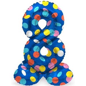 Folat 63978 Luchtballon, verjaardag, staand cijfer, 8 kleurrijke stippen, blauw met gekleurde stippen, 72 cm, decoratie, verjaardagsdecoratie, ballon nummer, geen helium nodig, kleurrijk