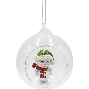 Glazen bol met hanger - sneeuwpop met muts en sjaal in groen en rood, L/B/H 8 x 7 x 8,5 cm